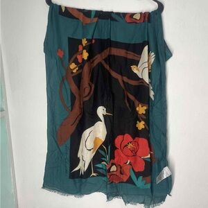 Chico's Teal and Black Scarf with Bird and Floral Design